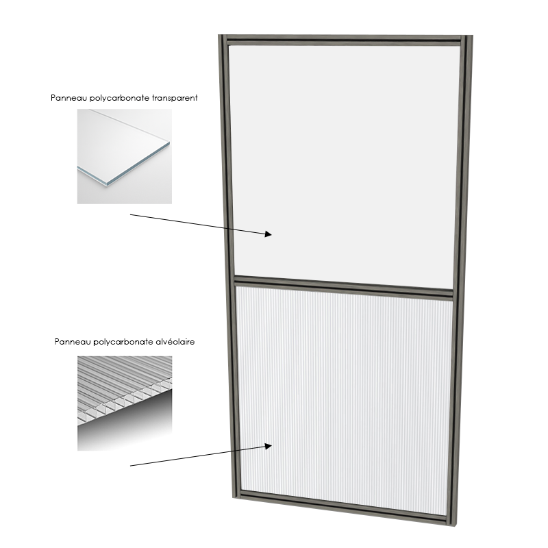 Cloison d'atelier modulaire - 1000x2000 mm - Profilé Composite - Panneau inférieur plein et supérieur transparent Cloison d'atelier modulaire - 1000x2000 mm - Profilé Composite - Panneau inférieur plein et supérieur transparent