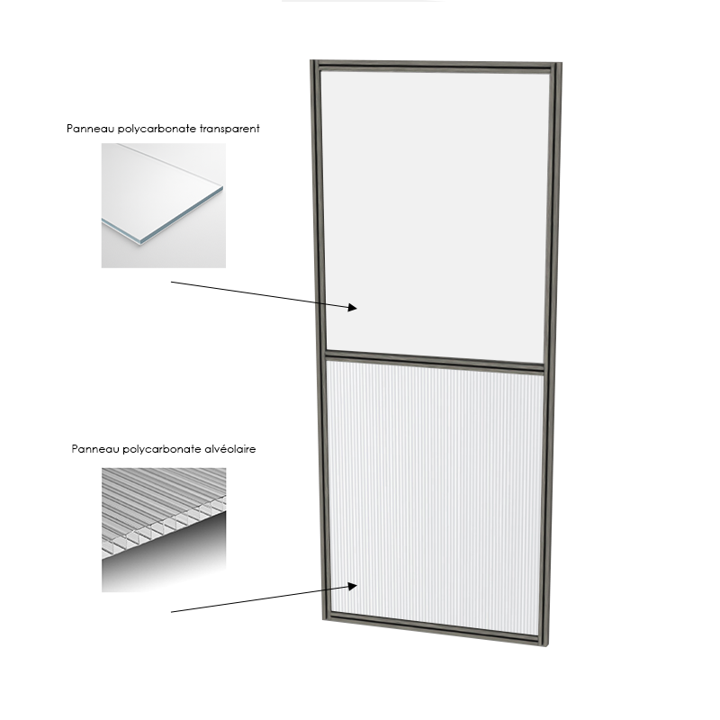 Cloison d'atelier modulaire - 1000x2400 mm - Profilé Composite - Panneau inférieur plein et supérieur transparent Cloison d'atelier modulaire - 1000x2400 mm - Profilé Composite - Panneau inférieur plein et supérieur transparent