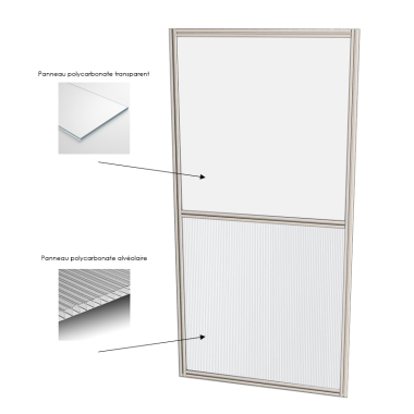 Cloison d'atelier modulaire - 1000x2000 mm - Profilé aluminium standard - Panneau inférieur plein et supérieur transparent