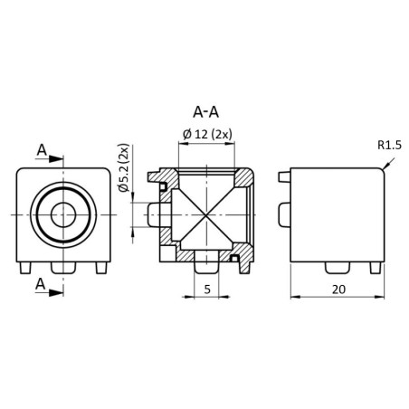 Schéma cotes - Raccord d’angle cube profilé aluminium – 5 mm – 20 mm – 2D - Argent - Elcom shop