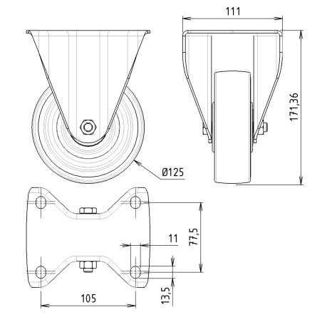 Schéma cotes - Roulette fixe profilé aluminium - D125 - à platine - 350 kg