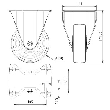Schéma cotes - Roulette fixe profilé aluminium - D125 - à platine - 350 kg