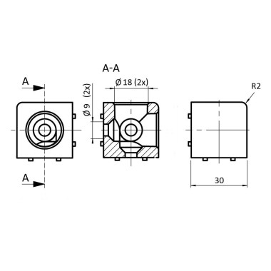 Schéma cotes - Raccord d’angle cube (Boîte de 10 unités) – 8 mm – 40 mm – 2D - Gris - Elcom shop