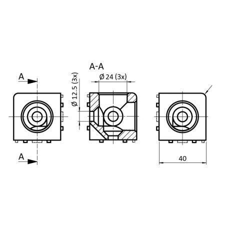 Schéma cotes - Raccord d’angle cube profilé aluminium (Boîte de 10 unités) – 10 mm – 40 mm – 3D - Argent