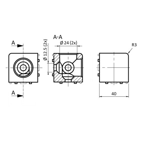 Schéma cotes - Raccord d’angle cube profilé aluminium – 10 mm – 40 mm – 2D - Argent