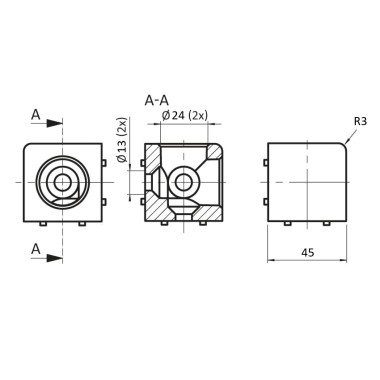 Schéma cotes - Raccord d’angle cube profilé aluminium – 10 mm – 45 mm – 2D - Argent