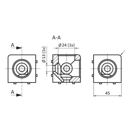 Schéma cotes - Raccord d’angle cube profilé aluminium – 10 mm – 45 mm – 3D - Argent