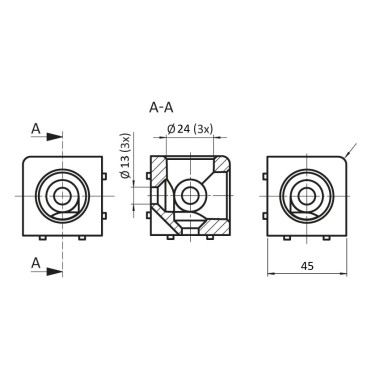 Schéma cotes - Raccord d’angle cube profilé aluminium (Boîte de 10 unités) – 10 mm – 45 mm – 3D - Argent