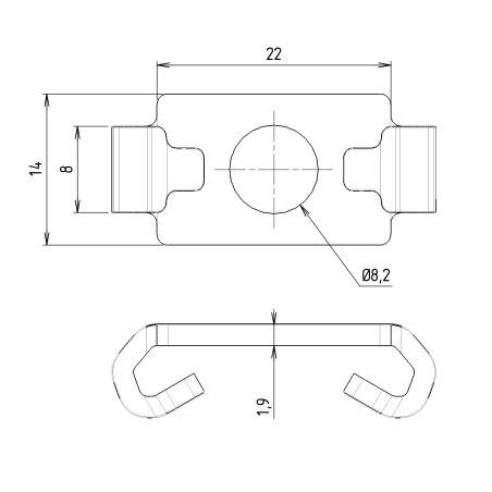 Schéma cotes - Agrafe de fixation standard profilé aluminium – Rainure 8 mm – Section 30 mm
