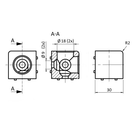 Schéma cotes - Raccord d’angle cube profilé aluminium (Boîte de 10 unités) – 5 mm – 30 mm – 2D - Argent