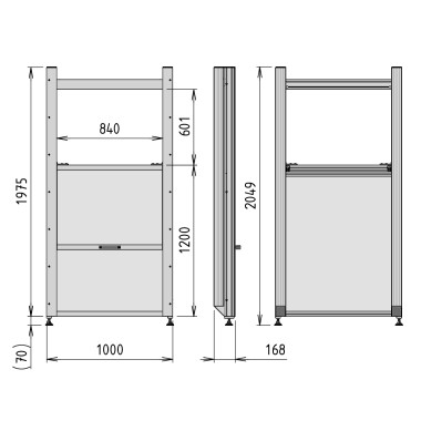 Porte guillotine - Ouverture H600x840 haute hauteur seuil 1200 - Montage avant - vue côtée