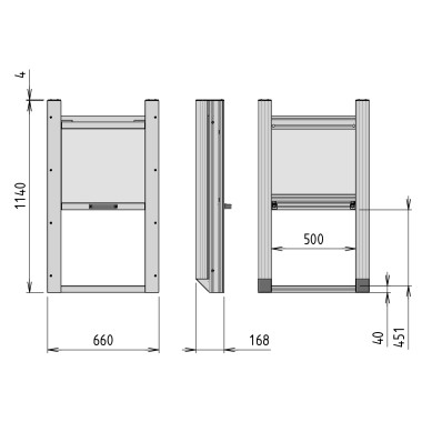 Porte guillotine - Ouverture H450x500 basse hauteur seuil 40 - Montage avant - vue côtée