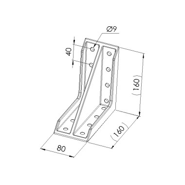 Schéma cotes - Equerre profilé aluminium – Rainure 8 mm – 160x160x80 mm – Al – M8 - Elcom shop