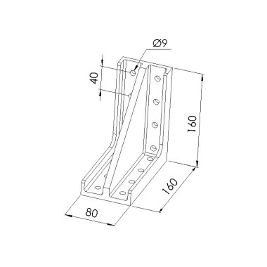 Schéma cotes - Equerre profilé aluminium – Rainure 8 mm – 160x160x80 mm – St – M8 - Elcom shop