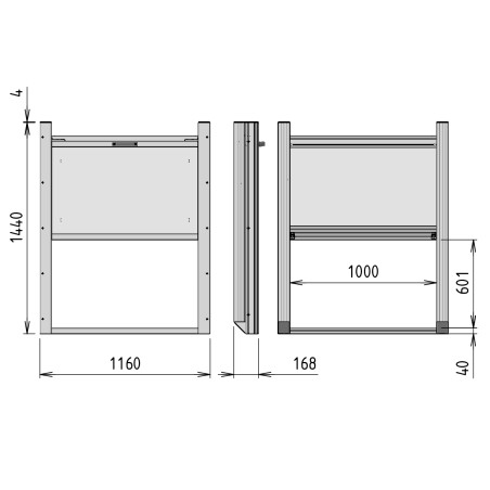 Porte guillotine - Ouverture H600x1000 basse hauteur seuil 40 - Montage avant - vue côtée