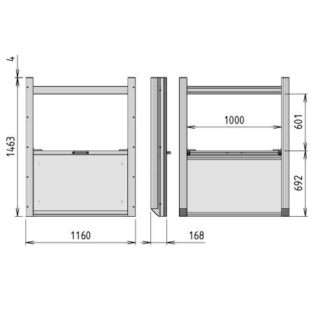 Porte guillotine - Ouverture H600x1000 haute hauteur seuil 692 - Montage avant - vue côtée