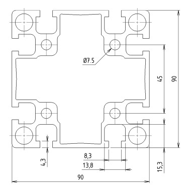 Profilé aluminium - Rainure 8 mm - 90x90 mm - Lourd