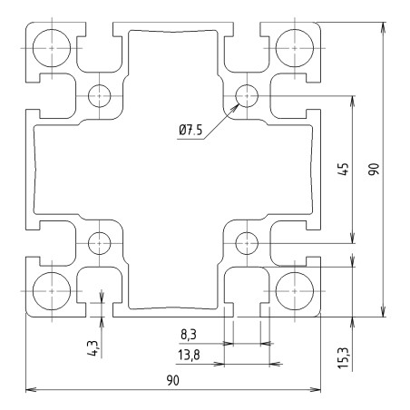Profilé aluminium 90x90 mm (Barre de 6 m) - Rainure 8 mm - Lourd
