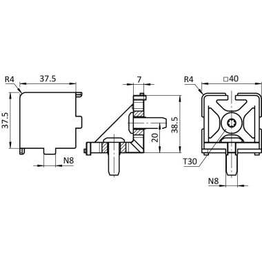 Schéma cotes - Kit raccord d’angle cube  – Rainure 8 mm – 40x40x40 mm – passe-câbles – Gris – Elcom Shop