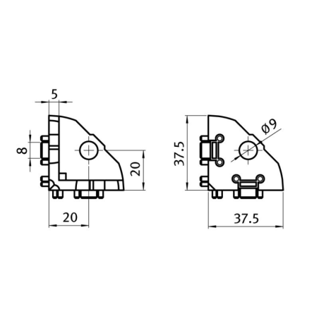 Schéma cotes - Raccord d’angle profilé aluminium - 8 40 – Rainure 8 mm – Noir - Elcom shop