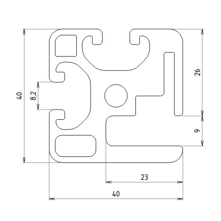 Schéma cotes - Profilé aluminium d’encadrement (Barre de 6 m) - Rainure 8 mm – 40x40 mm - Elcom shop