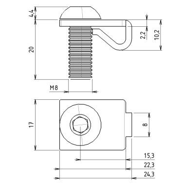 Schéma cotes - Fixation standard profilé aluminium – Rainure 8 mm – Unilatérale - ESD - Elcom shop