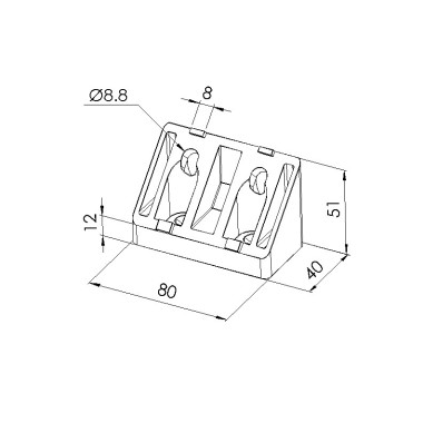 Schéma cotes - Equerre de renfort profilé aluminium – 8 mm – 80x40-45° - Horizontal - Elcom shop