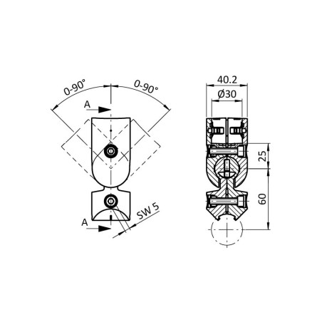 Schémas cotes - Fixation à rotule pour profilé aluminium rond D30 – Diamètre 30 mm – Elcom shop