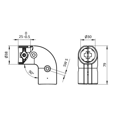 Schémas cotes - Fixation coudée pour profilé aluminium rond D30 – Diamètre 30 mm – R25-90° – Elcom shop