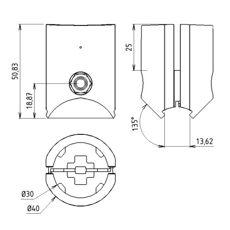 Schémas cotes - Connecteur en T profilé aluminium rond – D30-90° – Diamètre 30 mm – Elcom shop