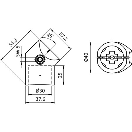 Schémas cotes – Connecteur d'angle profilé aluminium rond – D30-45° – Diamètre 30 mm – Elcom shop