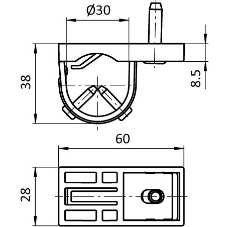 Schémas cotes - Kit support de fixation pour plan de travail – profilé aluminium rond – D30 – Diamètre 30 mm – Elcom shop