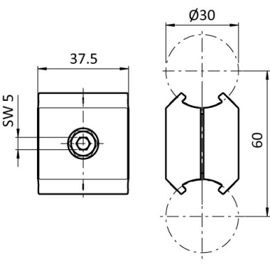Schémas cotes - Connecteur parallèle pour profilé aluminium rond – D30 – Diamètre 30 mm