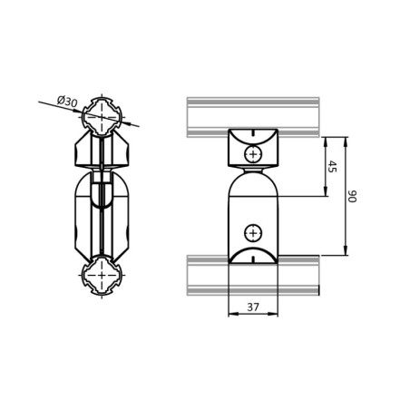 Schémas cotes - Connecteur à rotule articulé pour profilé aluminium – D30 – Diamètre 30 mm – Elcom shop