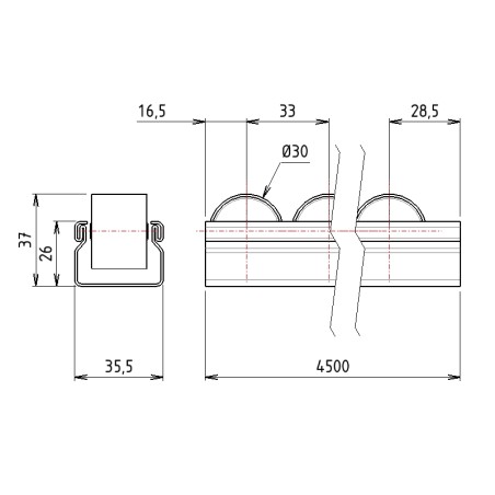 Schémas cotes - Rail à galets cylindriques pour profilé aluminium – D30 – P33 – acier inoxydable – Elcom shop