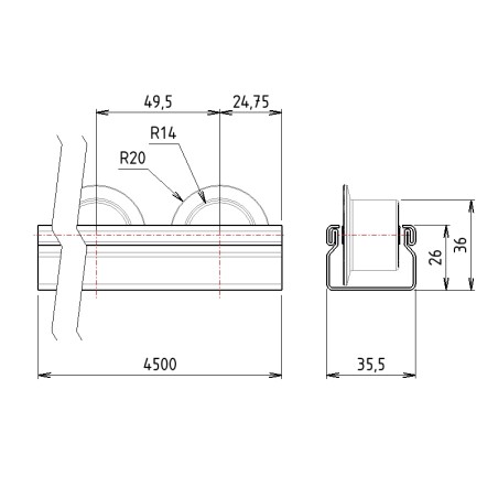 Schémas cotes - Rail à galets à ailette pour profilé aluminium – ESD – D28 – P50 – Noir– Elcom shop