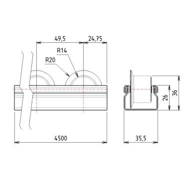 Schémas cotes - Rail à galets à ailette pour profilé aluminium – ESD – D28 – P50 – Noir– Elcom shop