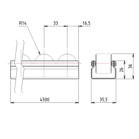 Schémas cotes - Rail à galets cylindriques pour profilé aluminium – D28 – P33 – Elcom shop