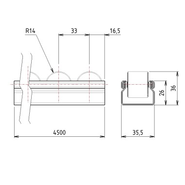 Schémas cotes - Rail à galets cylindriques pour profilé aluminium – D28 – P33 – Elcom shop