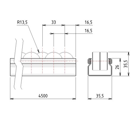 Schémas cotes - Rail à doubles galets cylindriques pour profilé aluminium – ESD – D28 – P16,5 – Noir – Elcom shop