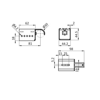 Schéma cotes – Kit fixation à griffe inclinables pour rail à galets en profilé aluminium – D30 – Diamètre 30 mm – Elcom shop