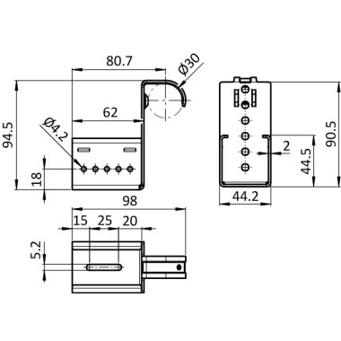 Schéma cotes – Kit fixation à griffe avec butée pour rail à galets en profilé aluminium – D30 – Diamètre 30 mm – Elcom shop