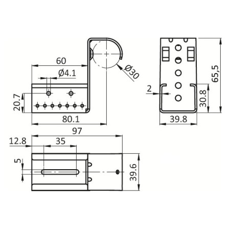 Kit fixation à griffe avec butée pour rail à galets en profilé aluminium – H65.5mm – D30mm