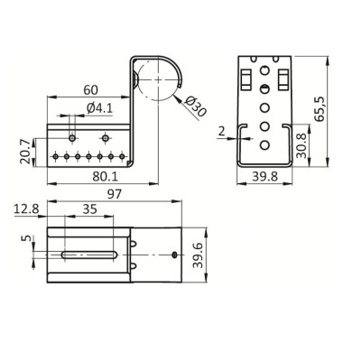 Kit fixation à griffe avec butée pour rail à galets en profilé aluminium – H65.5mm – D30mm