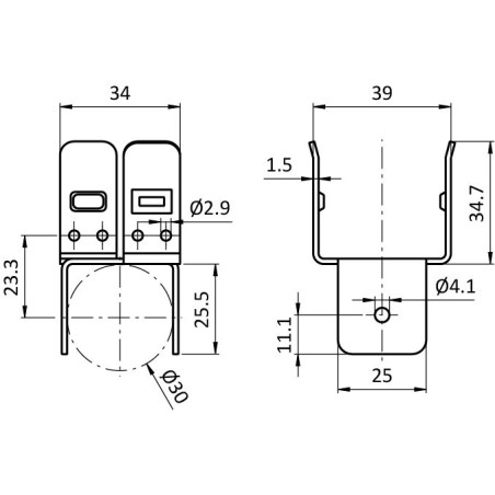 schéma coté - Kit fixation intermédiaire pour rail à galets sur profilé aluminium rond – D30 – Diamètre 30 mm – Elcom shop