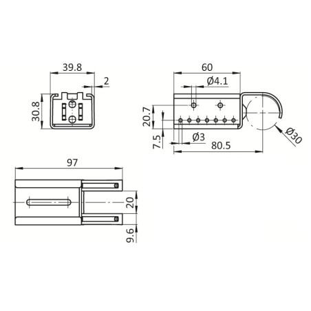 Kit fixation à double griffe sans butée pour rail à galets en profilé aluminium – H30.8mm – D30mm – Gris aluminium satiné