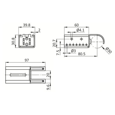 Kit fixation à double griffe sans butée pour rail à galets en profilé aluminium – H30.8mm – D30mm – Gris aluminium satiné