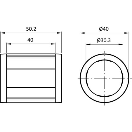 Schémas cotés - Palier lisse linéaire pour profilé aluminium rond - D40/D30 - Diamètre 40/30 mm - ESD - noir - Elcom shop
