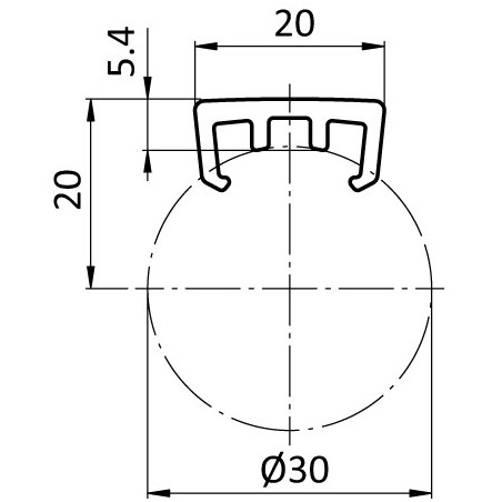 Schémas cotés - Profilé de glissement en plastique HDPE pour profilé aluminium rond - D30 - Diamètre 30 mm - ESD - Elcom shop