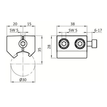 Schémas cotés - Multibloc de fixation pour profilé aluminium rond - D30 - Diamètre 30 mm - Elcom shop